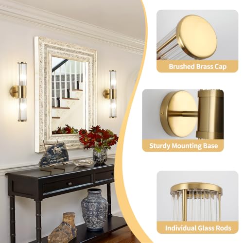 Brushed Brass Vanity Light Fixture 19.69 inch Wall Sconce with Dual Glass Rods - Bathroom Mirror Lighting