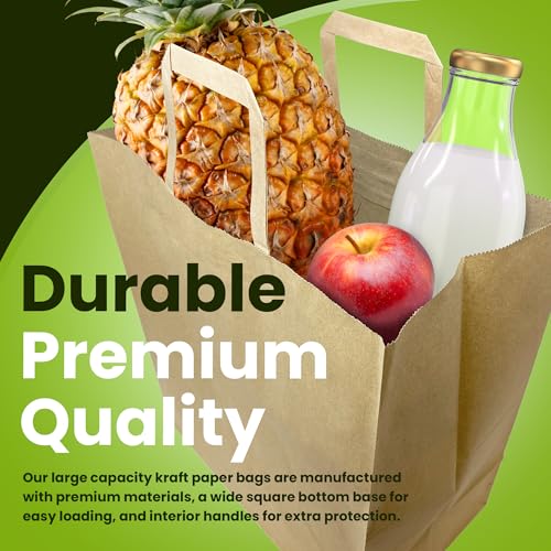 Large Kraft Paper Grocery Bags with Handles | 12x7x14 Inches, 100 Pack