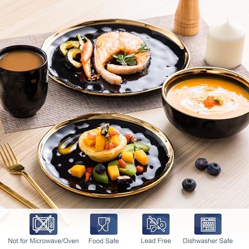 LOVECASA Black and Gold 16-Piece Dinnerware Set for 4 - Plates, Bowls, Mugs