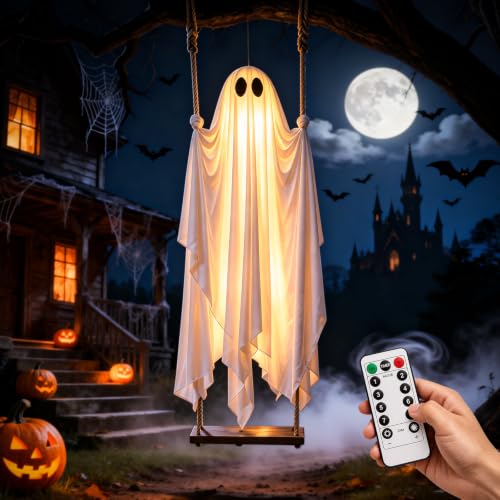 FlyQintess 4.3FT Hanging Ghost Halloween Decor with LED Lights, Outdoor Spooky Ghost for Yard & Porch