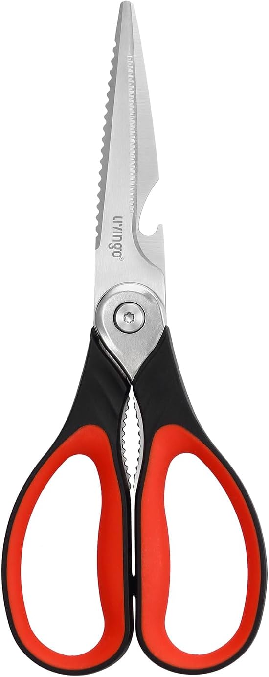 LIVINGO Heavy Duty Kitchen Scissors - Multi-Purpose Food Shears with Serrated Blades | Black & Red Handle