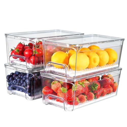 4-Pack Refrigerator Drawer Organizer Bins - Clear Stackable Fridge Storage with Drain Layer for Fruits Vegetables Snacks