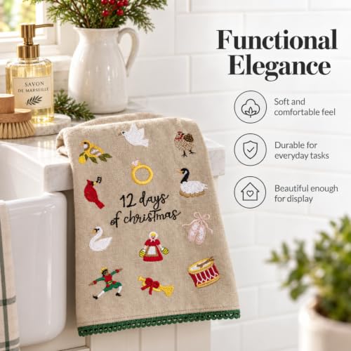 Mud Pie 12 Days of Christmas Embroidered Kitchen Towel, 21x14in Chambray