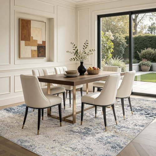 8x10 Beige Blue Abstract Washable Area Rug for Living Room, Non-Slip, Soft Polyester
