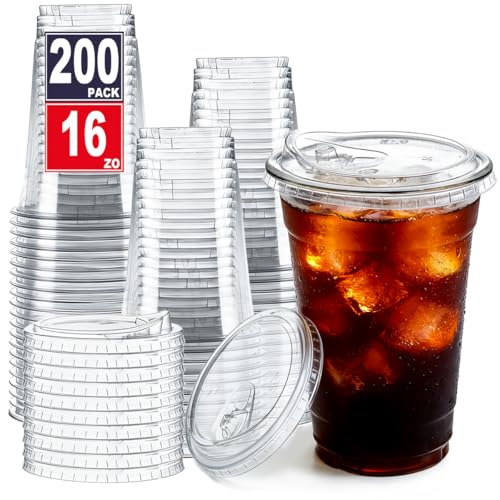 200 Pack 16 oz Clear Plastic Cups with Sip Lids - Disposable Cold Drink Cups - ARTLYMERS