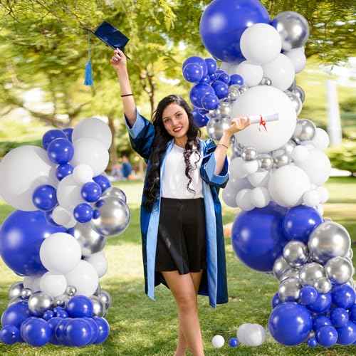 154pcs Blue White Silver Balloon Arch Kit - 18 12 10 5inch Royal Blue, Metallic Silver Confetti Balloon Garland for New Year Eve, Graduation, Birthday Party Decoration