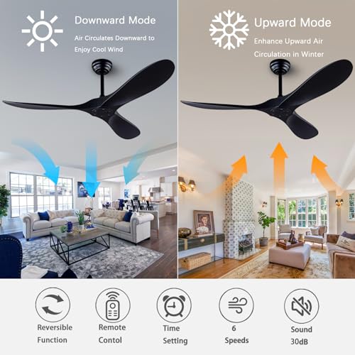 52-inch Black Ceiling Fan with Remote Control, Reversible, Quiet, No Lights