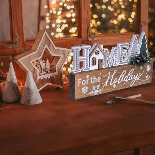 Wooden Christmas Sign Blocks, HOME for the Holiday Quote Table Decor, Xmas Centerpiece Block Sign with Snowflake & Pine Tree, Office Desk Mantle Decoration (BROWN)