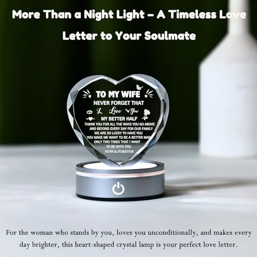 To My Wife Heart Crystal Lamp — Romantic Keepsake Gift from Husband, 6-Color LED Night Light (Wife)
