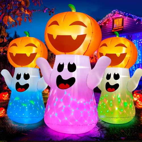 5FT Halloween Inflatable Pumpkin Ghost with Colorful Flashing Lights Yard Decor