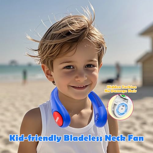 Kids Neck Fan Blue & Red Portable Bladeless Neck Cooler 4 Speeds Rechargeable