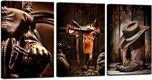 Biuteawal - 3 Pieces Canvas Prints American West Rodeo Cowboy Wall Art Painting Brown Straw Hat on Leather Rancher Roper Boots Picture on Canvas Vintage Artwork Stretched for Home Office Decoration