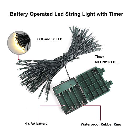Warm White 50 LED Christmas String Lights with Timer, Battery Operated