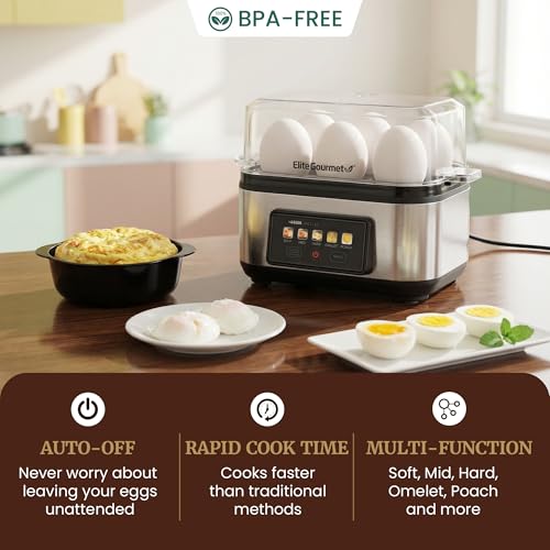 Elite Gourmet 6 Egg Digital Egg Cooker - Stainless Steel, 6-Egg Capacity, One-Touch Display
