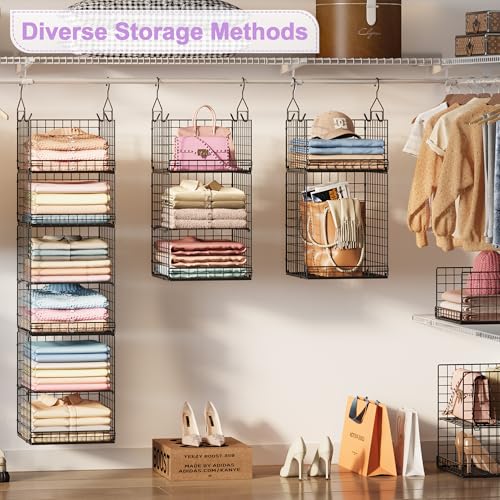 6-Tier Hanging Closet Organizer Black - Stackable Shelves with Hooks & Dividers