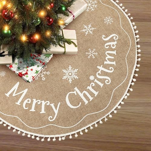 60 Inch Christmas Tree Skirt, Burlap Design with Snowflake Rustic