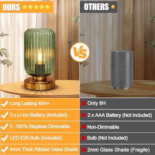 Green Glass Cordless Dimmable Table Lamp - Brushed Gold Base, Touch Control