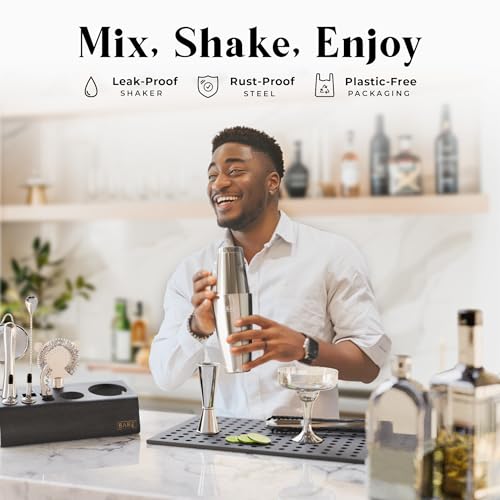 Bartender Kit Bar Set with 28oz Boston Shaker - Silver & Black - 14 Piece Cocktail Mixing Tools & Recipe Cards
