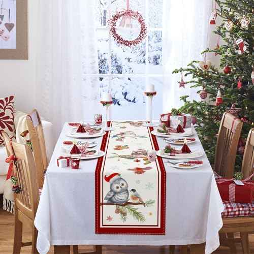Bonhause Christmas Owl Table Runner 13x72 Inch Bird on Pine Branches Snowflakes Seasonal Winter Holiday Kitchen Dining Table Decoration for Indoor Outdoor Home Party Decor