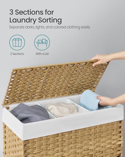 Laundry Hamper with Lid and 3 Sections - 160L Natural Synthetic Rattan Rolling Storage