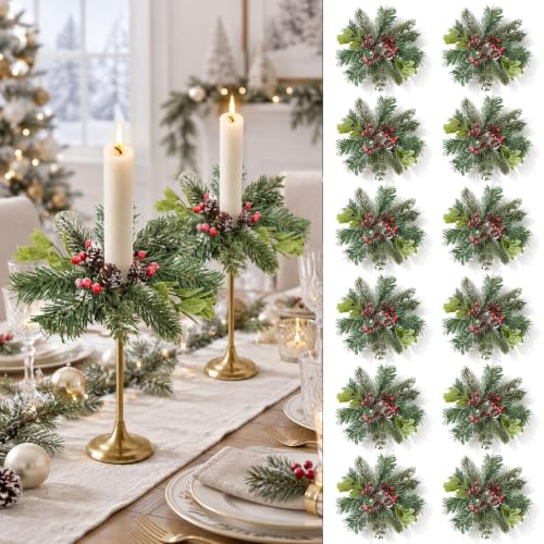 YLOLUL 12 Pcs Christmas Frosted Pine Candle Ring Wreaths Winter Decor