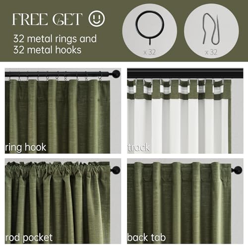 Olive Green Linen Blackout Curtains 84 Inch Pack of 2 for Living Room & Bedroom - Boho Style