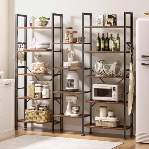 Furologee 5-Tier Rustic Brown Bookshelf with 14 Display Shelves - Triple 3-Column Design