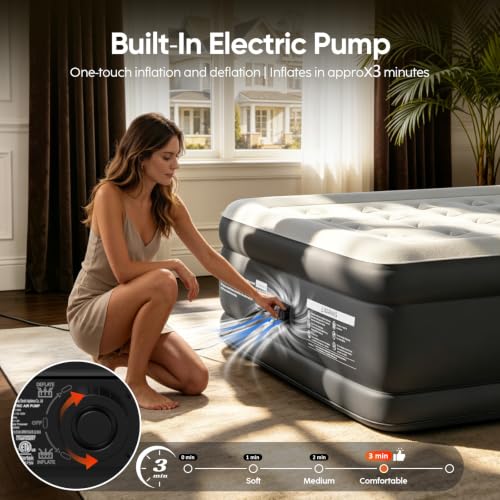 DIVON Black Queen Air Mattress with Built-in Pump, 18 Inch Raised Bed, Supports 800lb