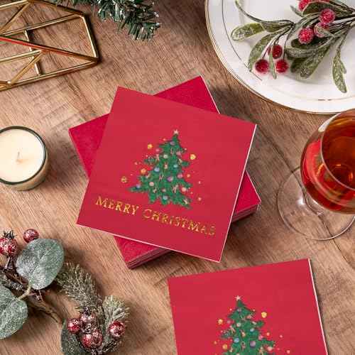 WRAPAHOLIC 50Pcs Christmas Napkins - Christmas Tree with Colorful Light 3-Ply Disposable Cocktail Napkin for Christmas Party Supplies Tableware, Xmas Holiday - 5 x 5 In