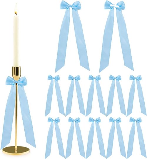 DICOSMETIC 12Pcs Sky Blue Bow Candlestick Decor - Large Bowknot Ribbons for Weddings & Parties