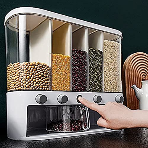 Xilei Wall-Mounted 5-Grid Dry Food Dispenser A2, 25lb Grain Storage with Measuring Cup