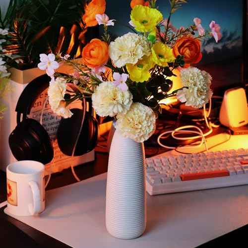 Modern Simple White Ceramic vases, 9 Inch vase for Pampas Grass, Matte Stripes Creative Decoration Table Desk Living Room Bedroom centerpieces, Wedding Party Gifts£¨White-04£©