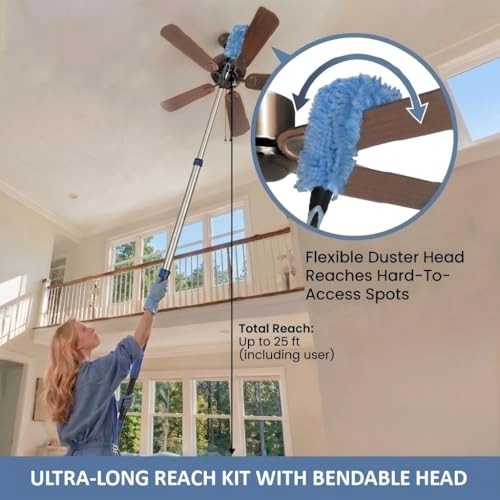 25ft High Ceiling Duster Kit with 5-18ft Telescoping Extension Pole - Includes Microfiber Scrubber & Squeegee Head - Suitable for Fans, Windows, Ceilings