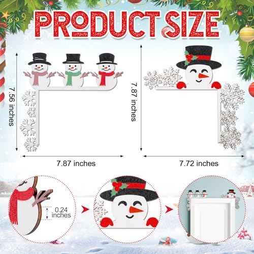 2 Pcs Christmas Door Topper Funny Snowman Snowflake Door Frame Corner Sign Decor Home Wooden Christmas Cabinet Knob Covers Party Ornament Props Gift for Wall Window DIY