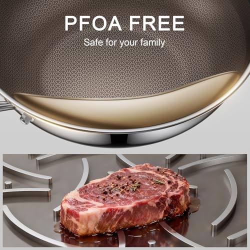 Uven Traoqq 12.5-Inch Stainless Steel Wok with Lid, Nonstick & Induction Compatible
