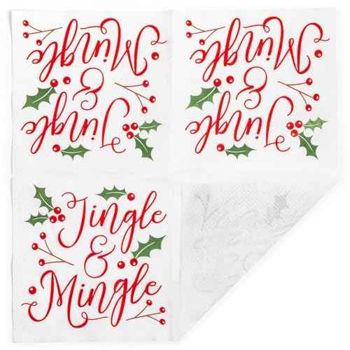 Sparkle and Bash 50 Pack Jingle & Mingle Christmas Cocktail Napkins, 5x5 inch Paper Napkins for Xmas Winter Season Holiday Party Supplies