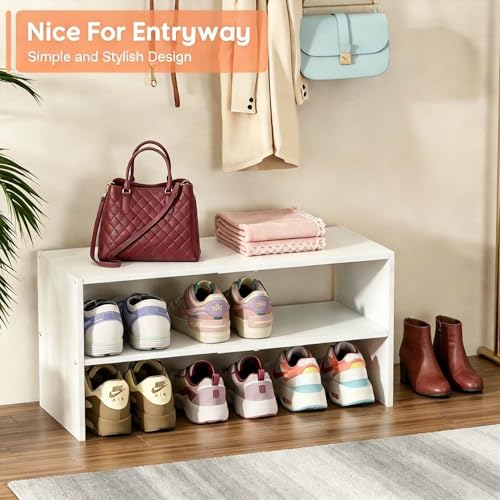 2 Pack White Expandable Shoe Rack Organizer for Closet and Entryway - 2-Tier Stackable Shoe Storage Shelf - Small Iron Wood Combo - Narrow Space, 15-24 Pairs - Variation of THIS listing