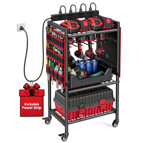 Power Tool Organizer Cart with Charging Station, 8 AC Outlets, 6.5 FT Cord
