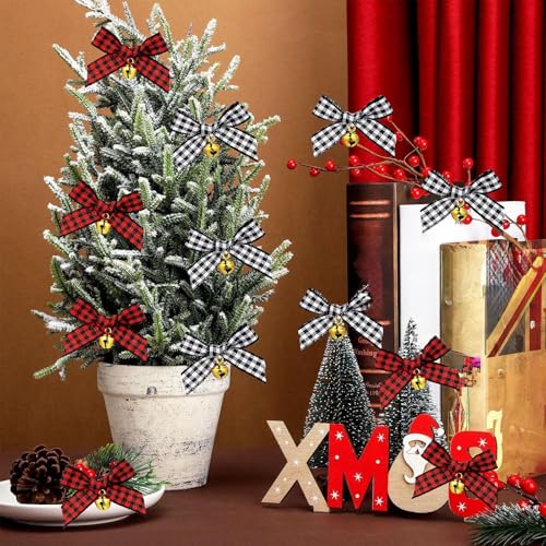 50 Pieces Christmas Bow with Bell Mini Plaid Buffalo Plaid Bow Gingham Xmas Bells for Christmas Tree Crafts Home Decoration DIY Making Ornament(Black and White, Red and Black)