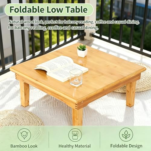 Foldable Bamboo Coffee Table - 60x60x27 cm Low Square Floor Table