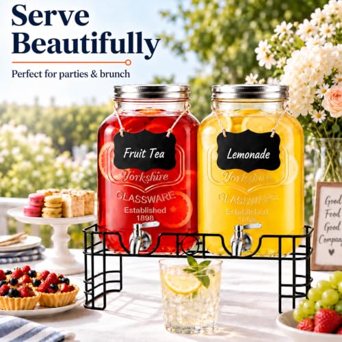 2 Gallon Glass Drink Dispensers with Stand - 2 Pack for Parties & Events