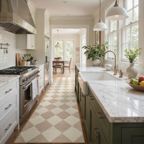 Beeiva 2.5x12 ft Beige Checkered Hallway Runner Rug - Washable Faux Wool, Non-Slip Diamond Pattern Carpet