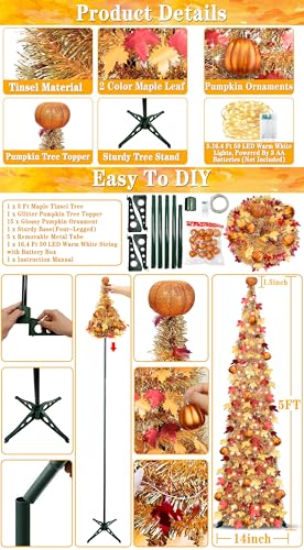 5 Ft Fall Decor Artificial Tree with Warm White String Lights and Pumpkin Topper