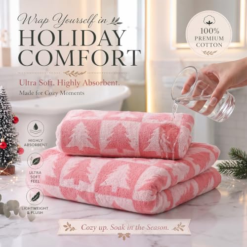 Batiyeer 2 pcs Christmas Tree Pink Checkered Bath Towels 27.5 x 55 Inch - Festive Holiday Gift Set