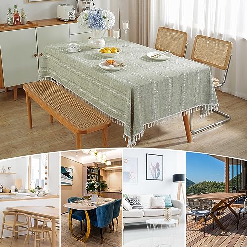 Meioro Sage Green Rustic Tablecloth 55x78 Rectangular Cotton Linen with Tassels – Embroidered Farmhouse Finish