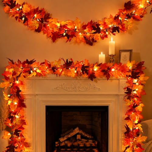 2 Pack 12Ft 50 LED Fall Garland with Lights,8 Modes Waterproof