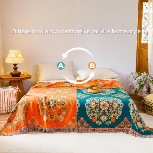 Orange Floral Rustic Boho Blanket for Bed Couch Travel 50"×60"