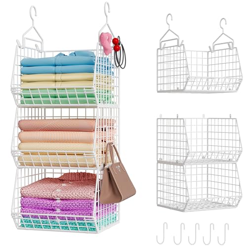 3-Tier Foldable Closet Organizer with Hooks - White Storage Baskets for Clothing & Accessories