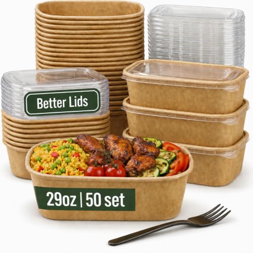 29oz Disposable Meal Prep Containers with Lids - 50 Pack, Paper Food Bowls
