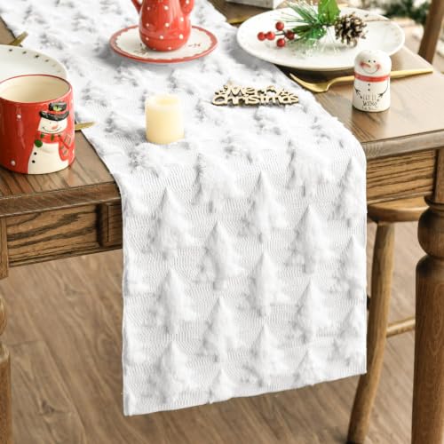Artoid Mode 13x60 Inch Christmas Table Runner - Soft Plush Faux Fur Jacquard, White